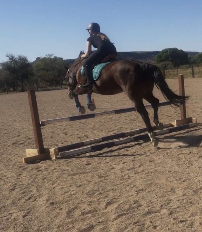 Horseback rider jumping hurdles on ranch in Arizona