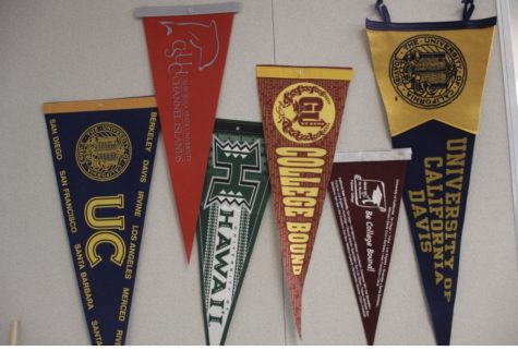 College Pennants hanging on a wall from various California colleges