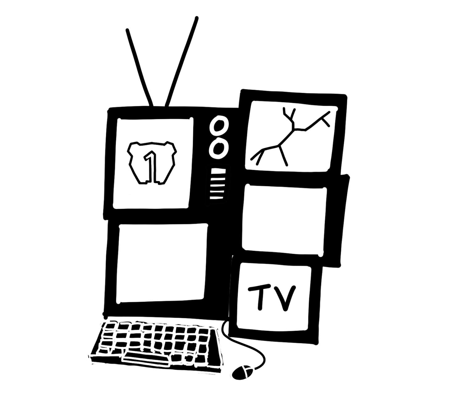 black and white image of tvs and one mission hills logo
