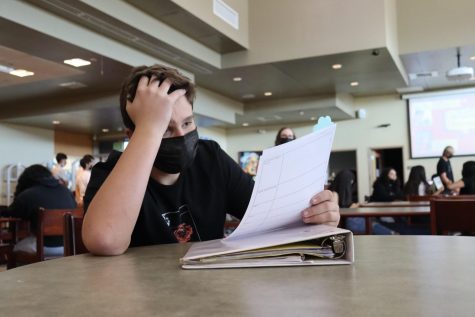 a student looks down at school work visibly stressed