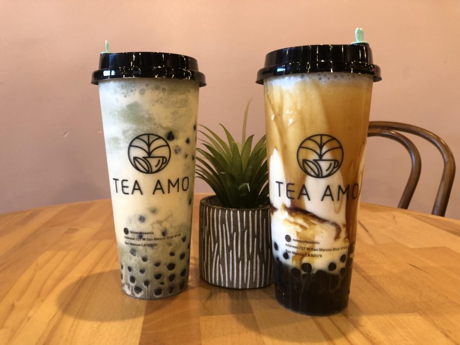 Two boba drinks pictured on a table from Tea Amo boba