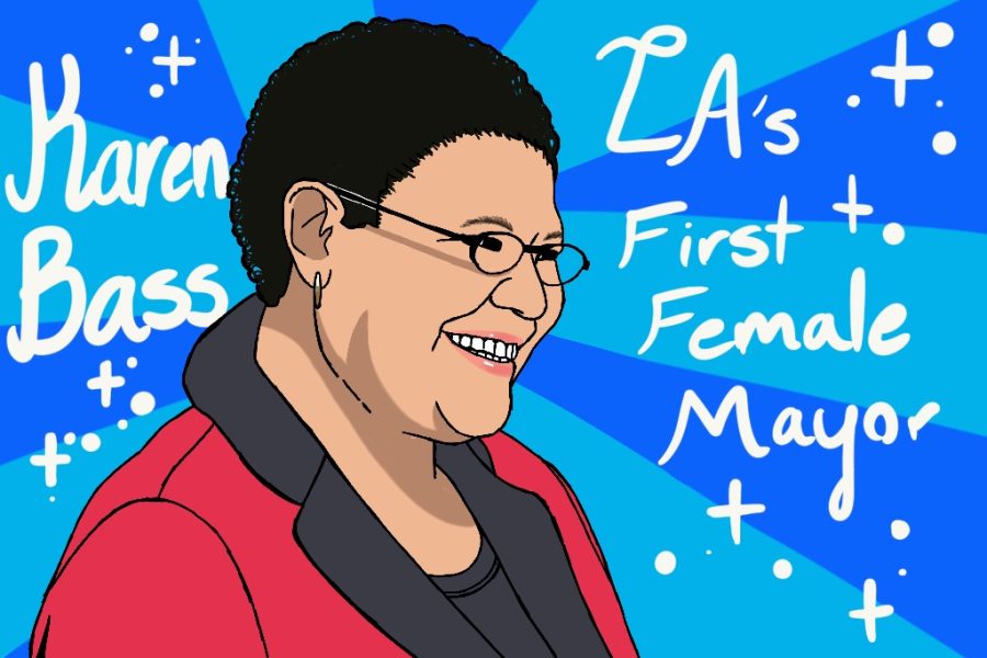 LAs first female mayor, Karen Bass, is to take action on crises such as homelessness.