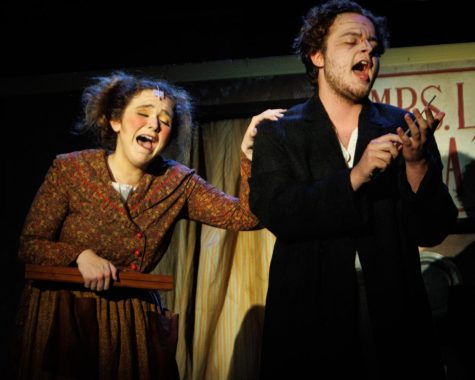 Mrs. Lovett (Hailey Noce) and Sweeney Todd (Caleb Wohlgemuth) sing many times together throughout the musical. 

Photo by Celeste Vaca Jimenez