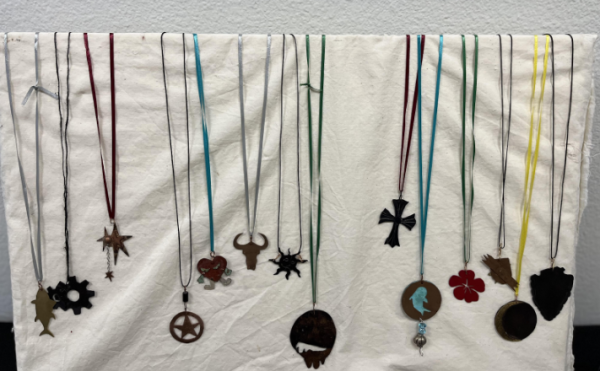A display of the accomplishments from metalsmithing students
