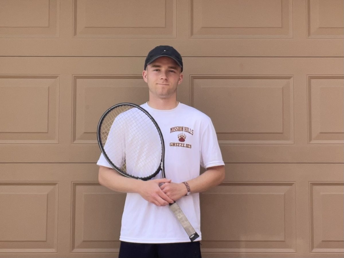 Senior Nathan Young prepares for his final season playing tennis here at Mission Hills. We have a team warm-up and a group huddle, and Ill give a motivational speech of some kind, said Young.