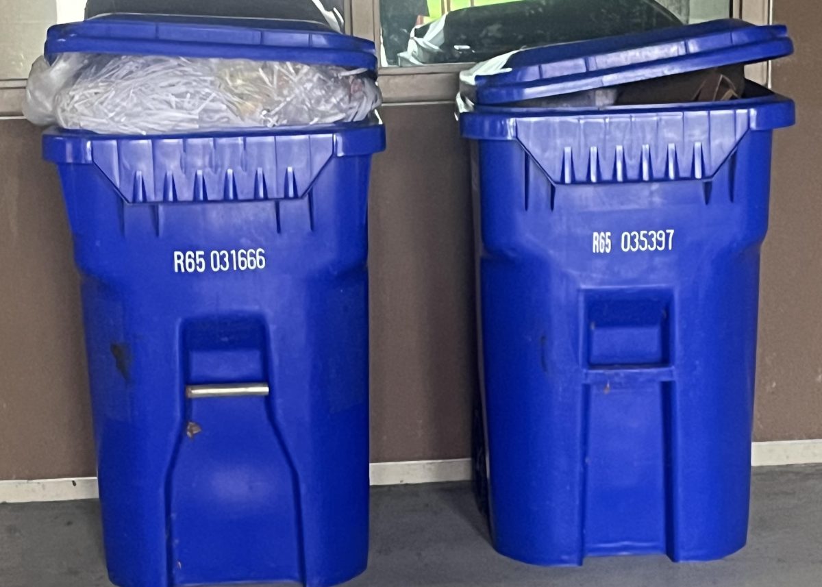 Two of the few recycling bins on campus stand next to one another. The bins were overflowing and in a secluded hallway. Recycling is a great way to reduce pollution, but its hard to recycle when there are only a few bins on campus, freshman Paige Umemura said.