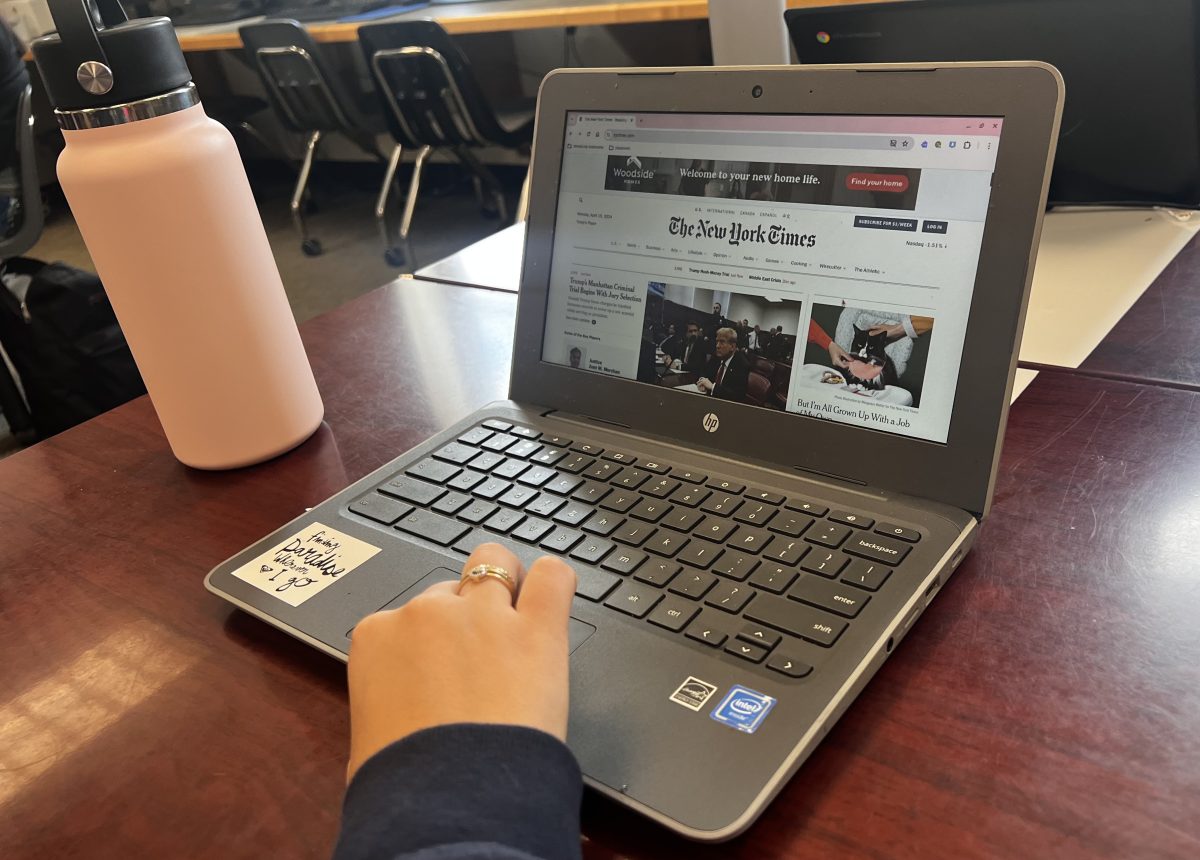 Maddy Donlon is looking at the New York Times for her news. She was in Mission Hills High School trying to keep up with what was happening in the world.  Donlon said ¨ I like having news on the internet because I can access it whenever I want.¨