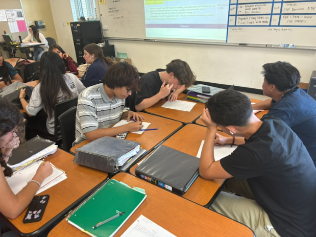 A group of AVID students are working are there tutorial pre-work. Oscar Martinez said, Every Tuesday we do our pre-work so that we can present our question on block day.