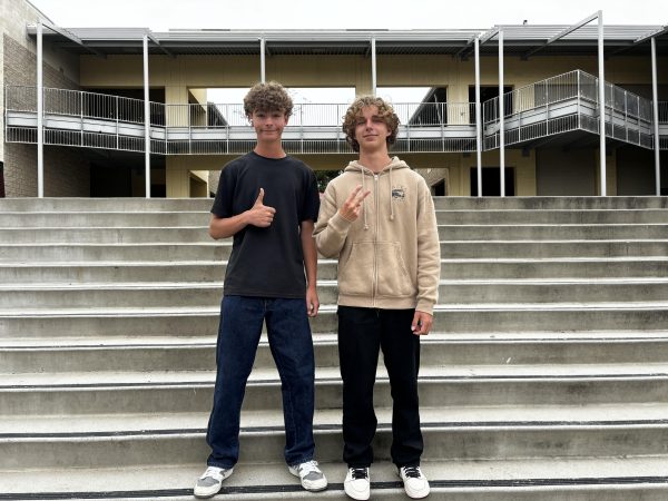 Friends pose for a photo together. Freshman Dane Hanlon and Jude Poyuzina stand on the steps of Mission Hills High school. They met at the beginning of this year, and have become good friends. I hope me and Jude stay friends throughout high school, hes one of the funniest people I know, says Hanlon. 